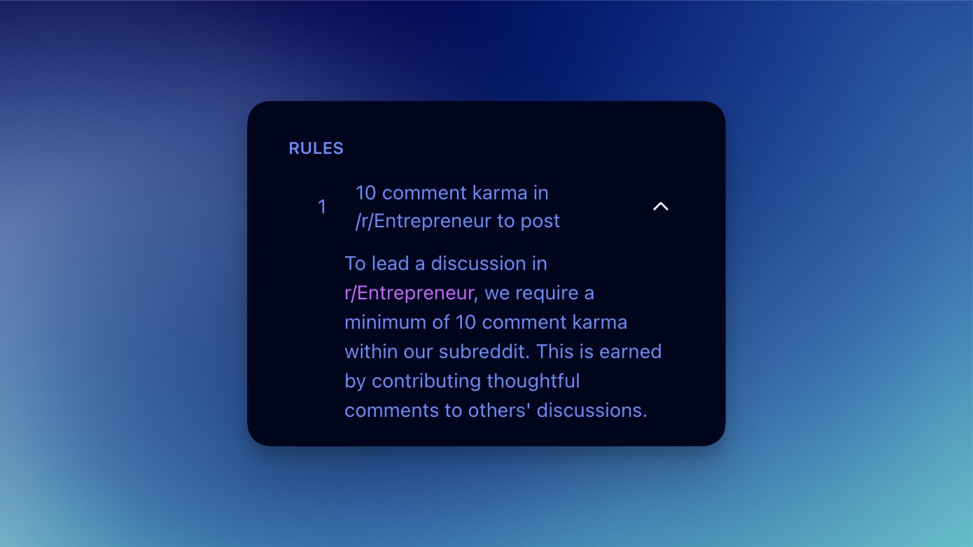 Example of karma requirements in r/Entrepreneur